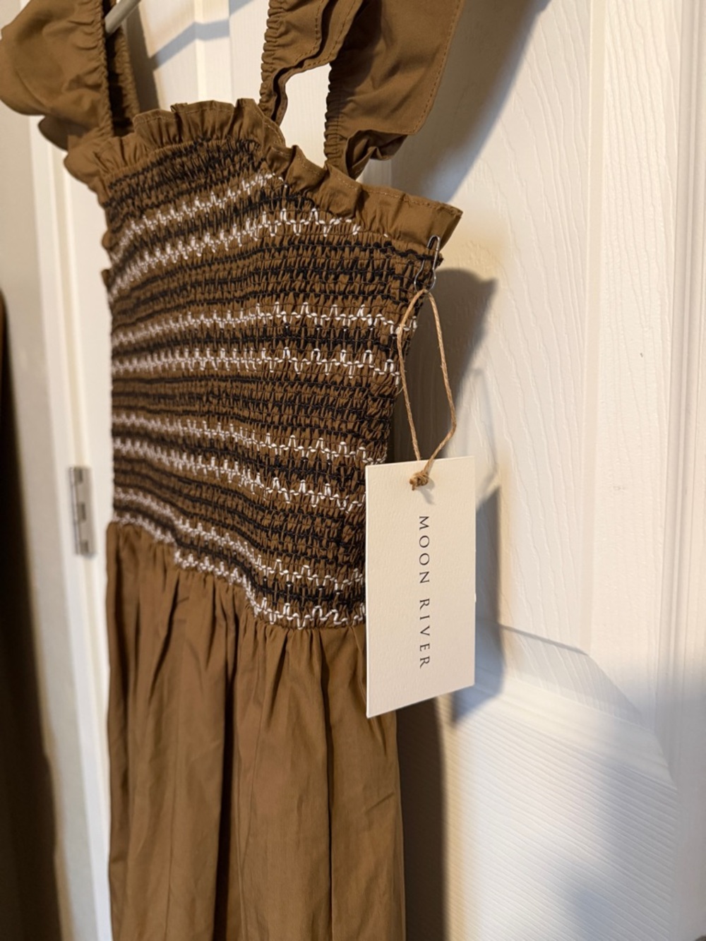 Moon River Smocked Midi Dress Size S Brown Ruffle Strap Cottagecore Romantic - Picture 4 of 7